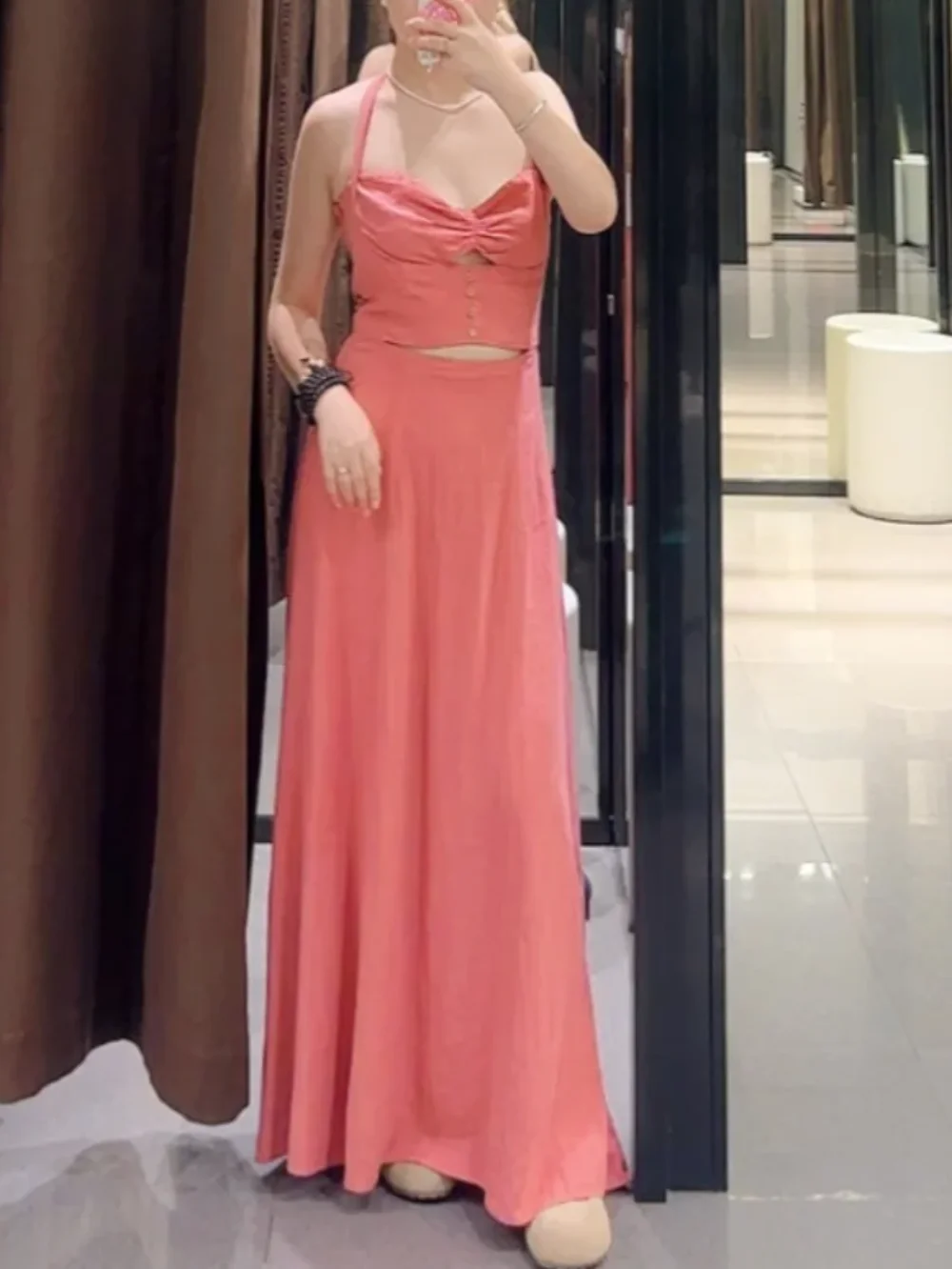 

Women's Sexy Sweet Linen Backless Long Dress Ruffle Front Hole Button Summer 2025 Fashion Festival Style