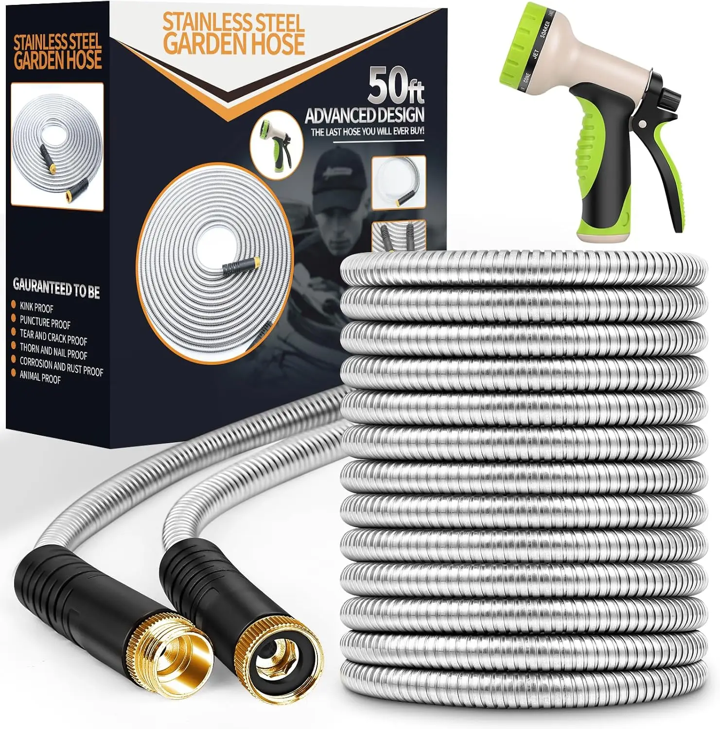 

50ft Stainless Steel Garden Hose with 10-Function Nozzle, Flexible Heavy-Duty for Outdoor Use