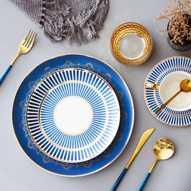 Nordic Exquisite Gold Plated Striped Ceramic Plate Villa Restaurant Western Tableware Dessert Salad Steak Plate Kitchen Utensils