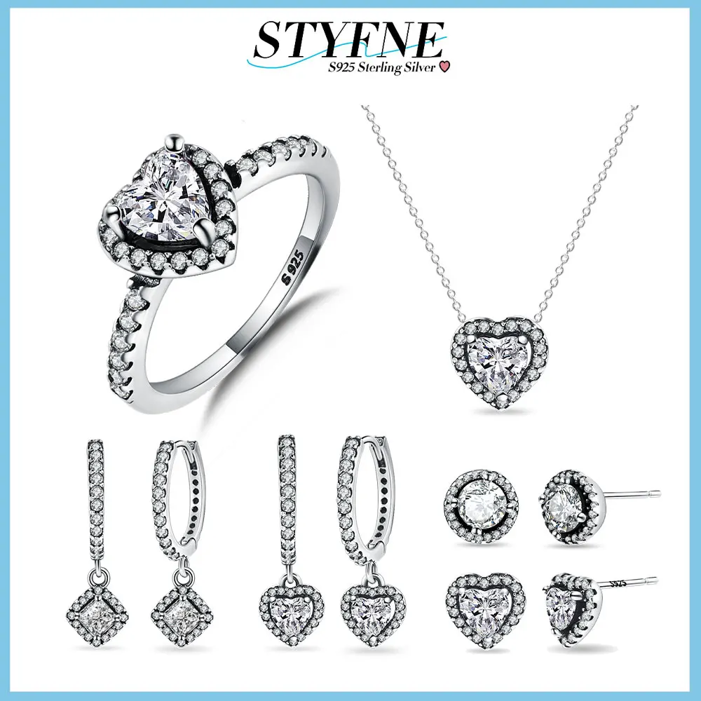 925 Sterling Silver White Shiny Love Diamond Zestaw biżuterii Seria Pierścionek Naszyjnik Kolczyki dla kobiet Słodki butik Biżuteria Prezent