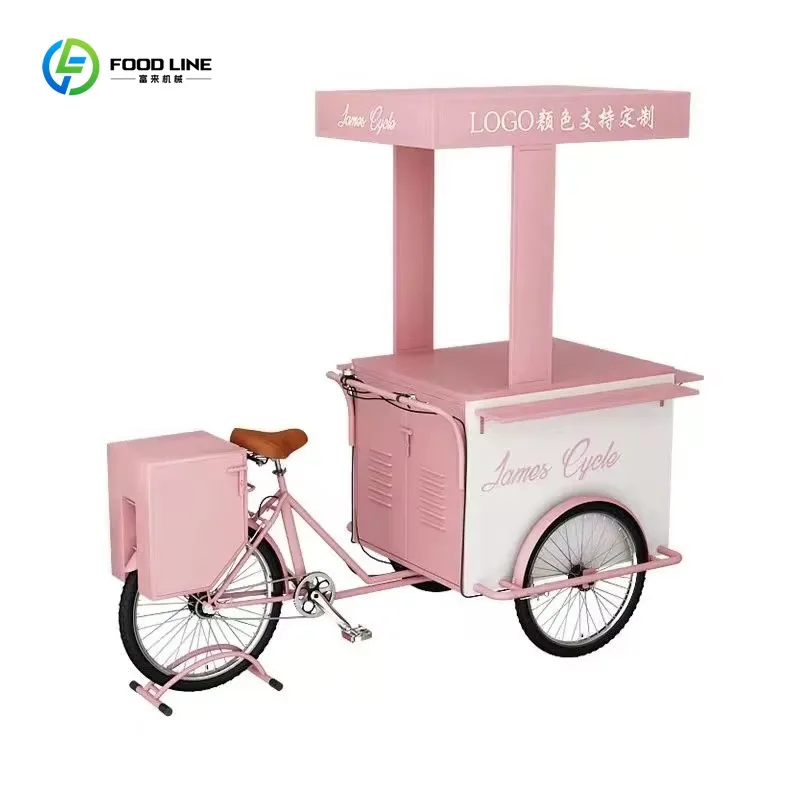 

Custom Commercial Ice Cooler Cart Tricycle Freezer Bicycle Cart Stainless Steel Wheels Snack Candy Customizable Mobile Cart