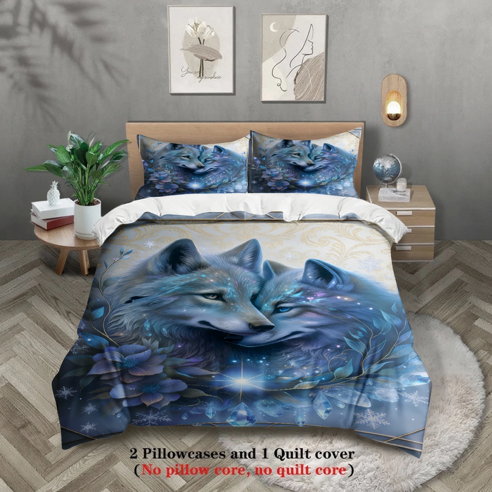 Wolf Couple Bedding Set Blue Floral And Snowflake Print Duvet Cover Pillowcases Wrinkle-Free Fade-Resistant For Bedroom
