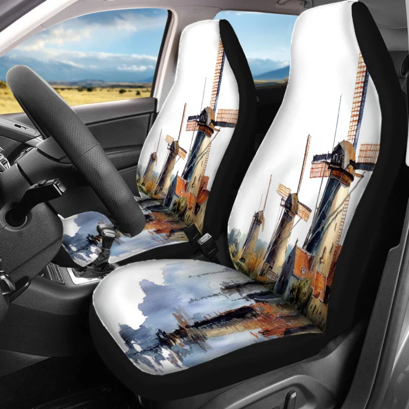 2pcs Watercolor Windmill Car Covers | Breathable Polyester Vehicle Cushion Covers For Front Seats Only, Universal Fit, Machine W