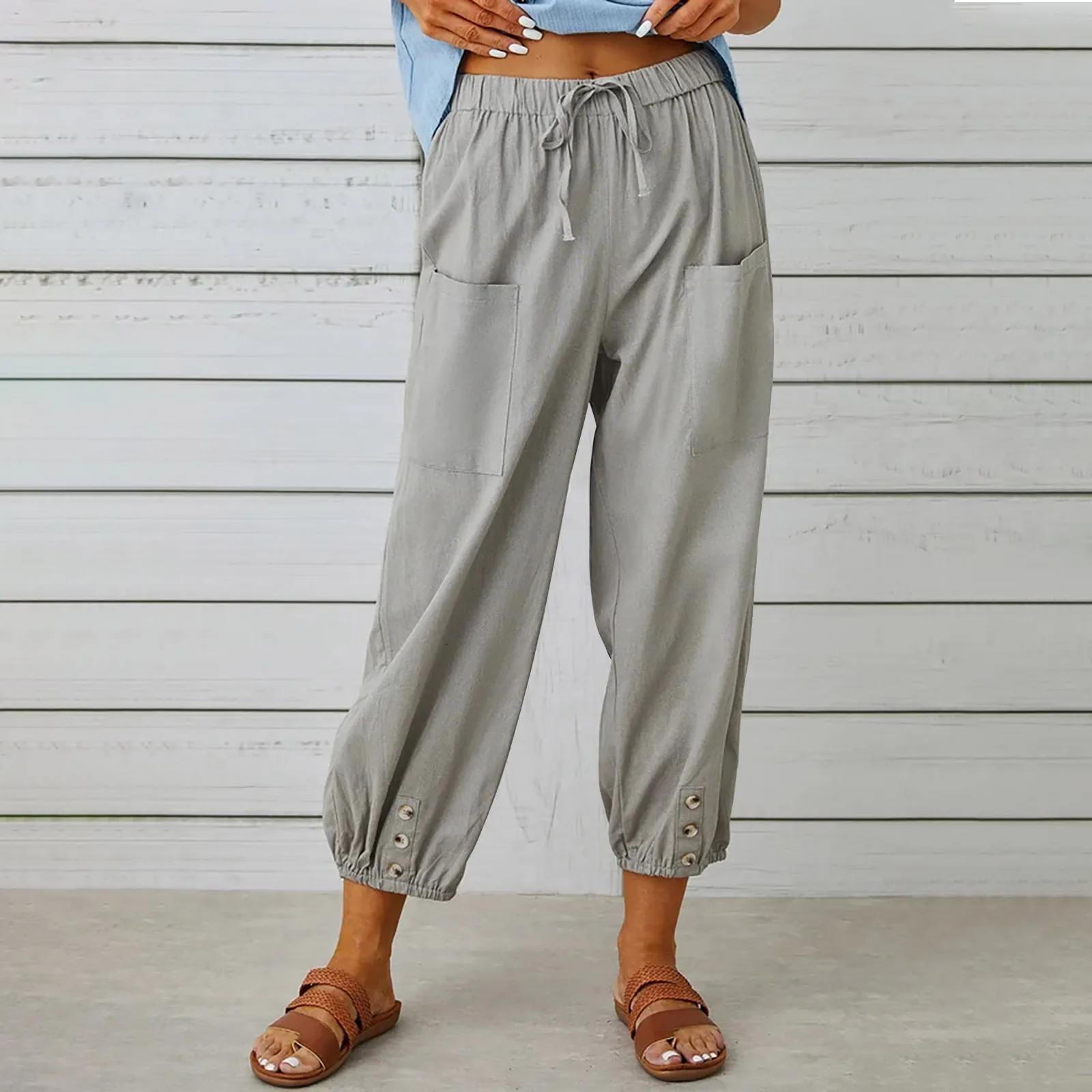 Loose High-waisted Button Cotton and Linen Pants Nine-point Pants Wide-leg 2025 New Women's Pants Europe America