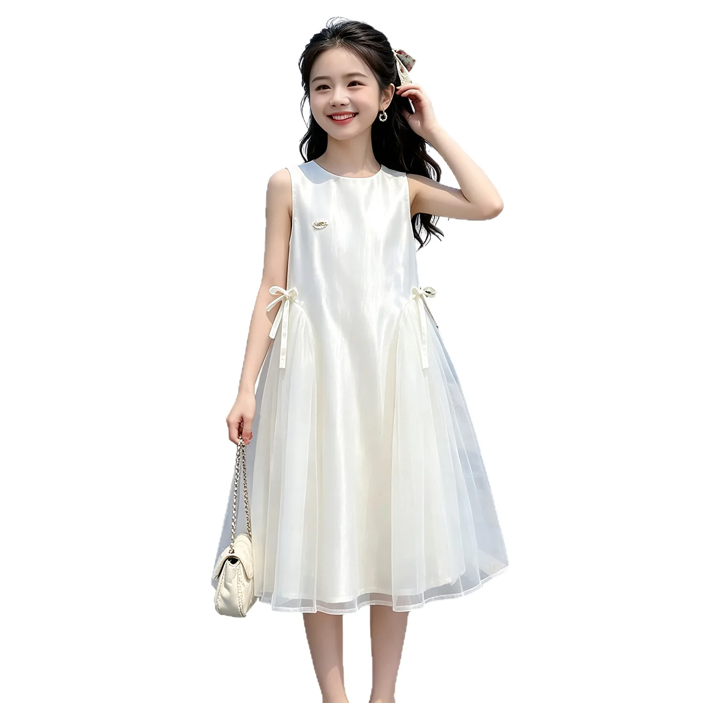 2026 Summer Slip Glossy off Shoulder Bow Kid baby Party Mesh Princess Girls Mid Long Lace Teenager Dress 4 8 10 12 14 Years