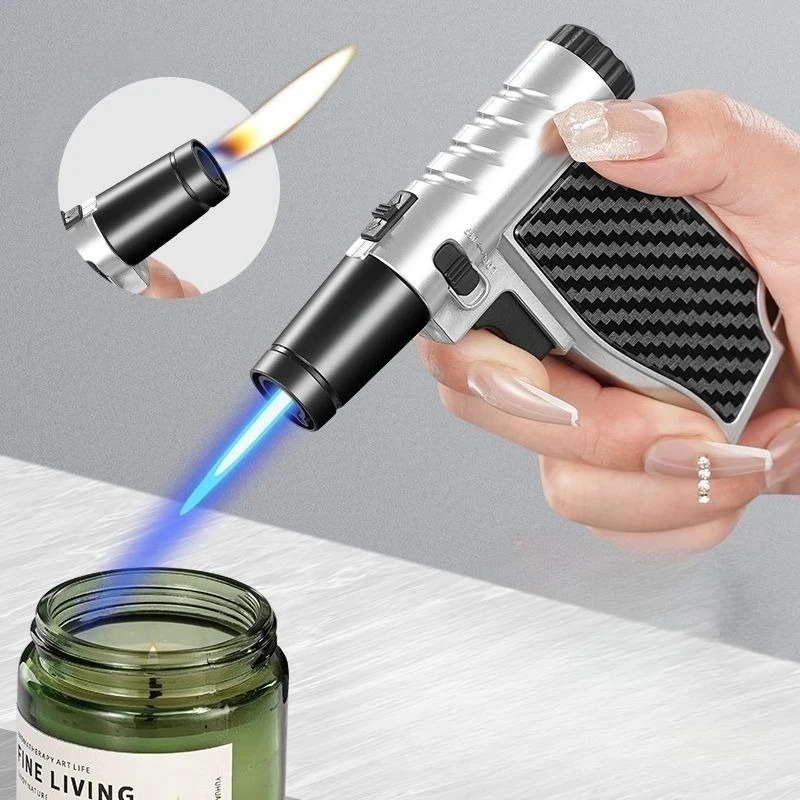 New Windproof and High-temperature Dual Flame Cigar Spray Gun Lighter Metal Handheld Inflatable High-end Kitchen Lighter view 2