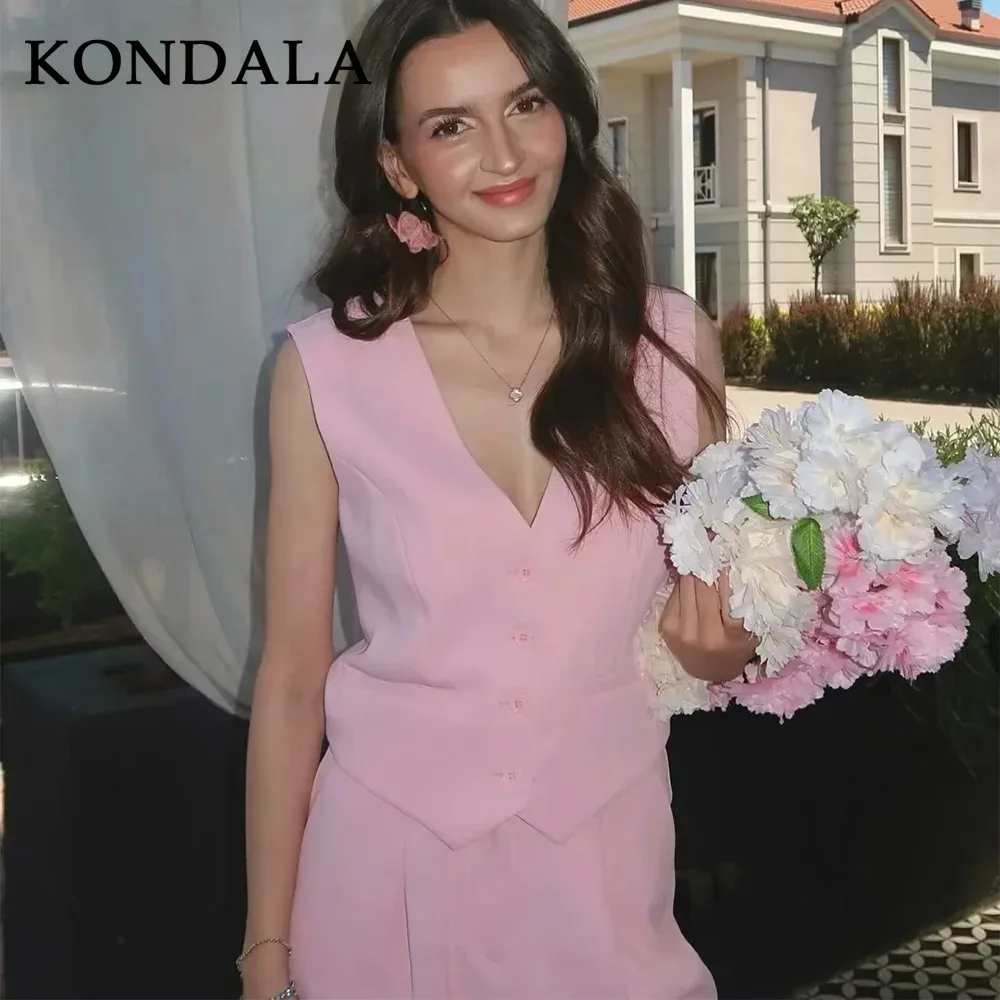 KONDALA 2025 Fall Winter Casual Solid Suits V Neck Sleeveless Single Breasted Vest+Fashion Elegant Mid Waist Wide Leg Pants Set