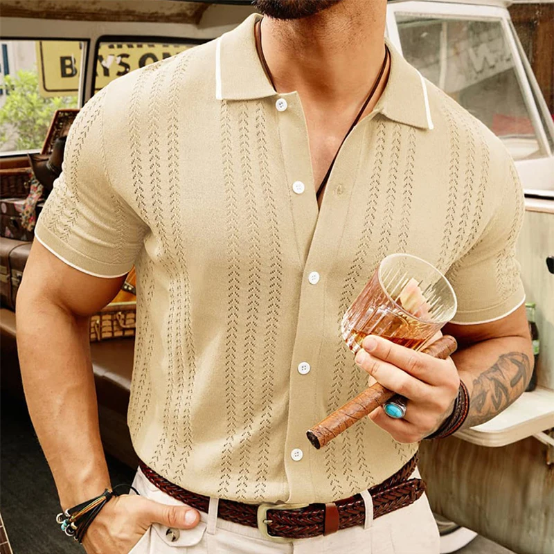 Retro Striped Knitted Lapel Mens Shirt Short-sleeved Buttoned Knitting Shirts For Men Summer Casual Slim Fit Knit Cardigan Tops