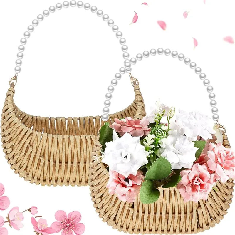 Keranjang Gadis Pengiring Pengantin BAAG-Rattan Dengan Pegangan Mutiara - 2 Buah Keranjang Rotan Setengah Lingkaran Kecil Untuk Penggunaan Pernikahan Piknik Taman