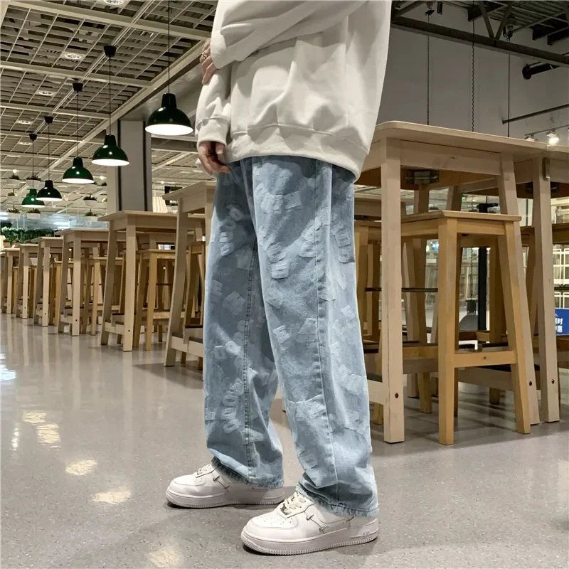 Jeans à jambes droites College pour hommes, pantalons en denim, pantalons décontractés hip-hop, jeans à jambes larges, mode Harajuku, 20223