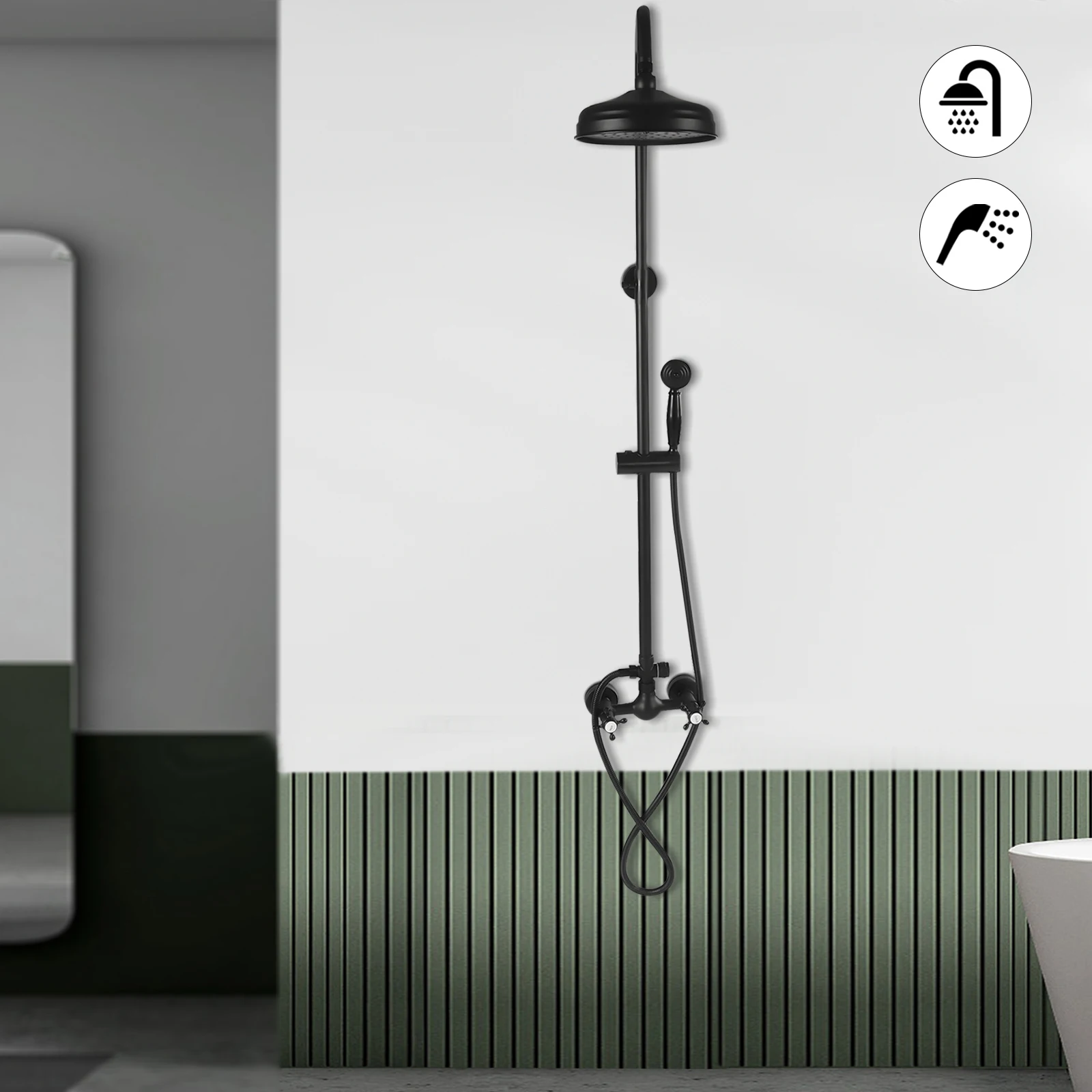 

Wall Mounted Shower Set with Handheld Spray Double Knobs Handle Dual Function Shower Fixture Combo System Unit Set