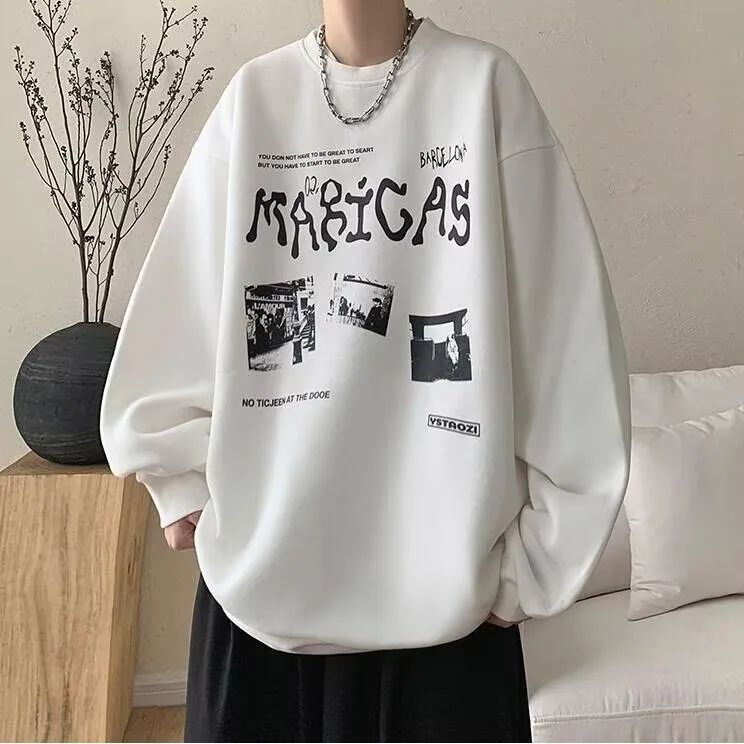 【Plus Size M-5XL Sweater】2025 New Autumn Letter Print Velvet Thick Round Neck Sweater Men's Fashion Hip Hop Loose Sweatshirt