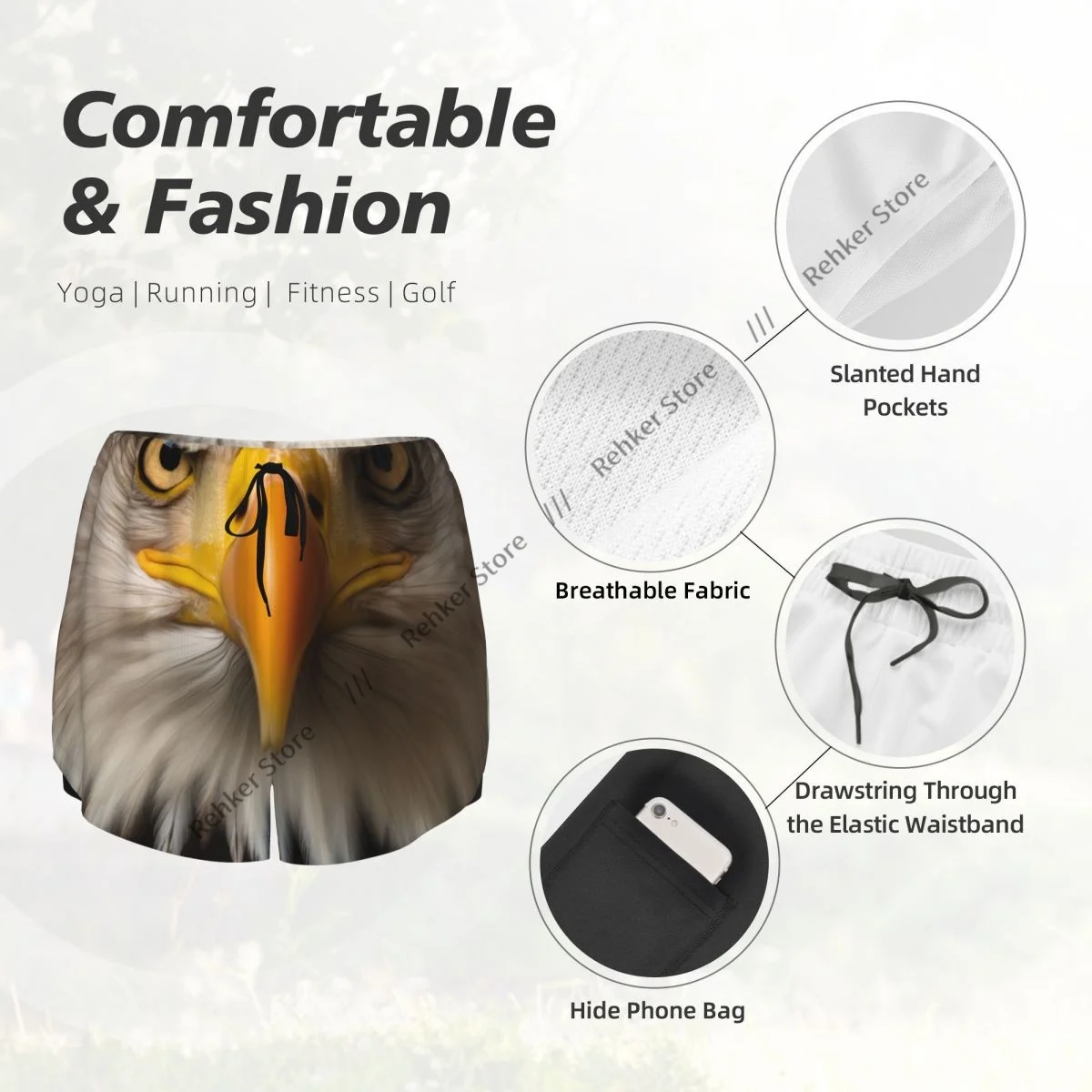 女性ヨガショーツハクトウワシ背景軽量アスレチック速乾通気性アウトドアランニングショーツ