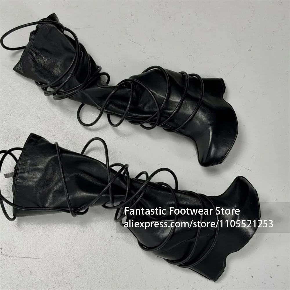 Wrap Around Lace up Knee High Boots Novelty Style Curved Heel Women Boots Gothic Punk Style Wedge Boots Fashion Style Footwear