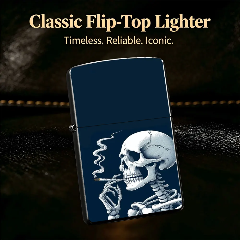 Pocket Lighter, Skeleton Smoking Cigarette with Holder Art Print, Flip-Top Windproof Design, Metal Case, Ergonomic Grip, Adjustable Flame, Cool Gift for Men