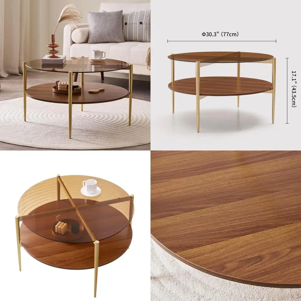 

Mid-Century 2-Tier Coffee Table, 30 Diameter x 17 High, Amber Glass with Walnut Shelf, Gold Metal Legs