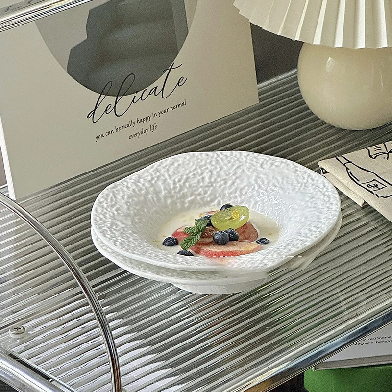 Embossed Ceramic Dinner Plate Light Luxury Creative White Deep Plate Household Dessert Salad Plate Kitchen Tableware