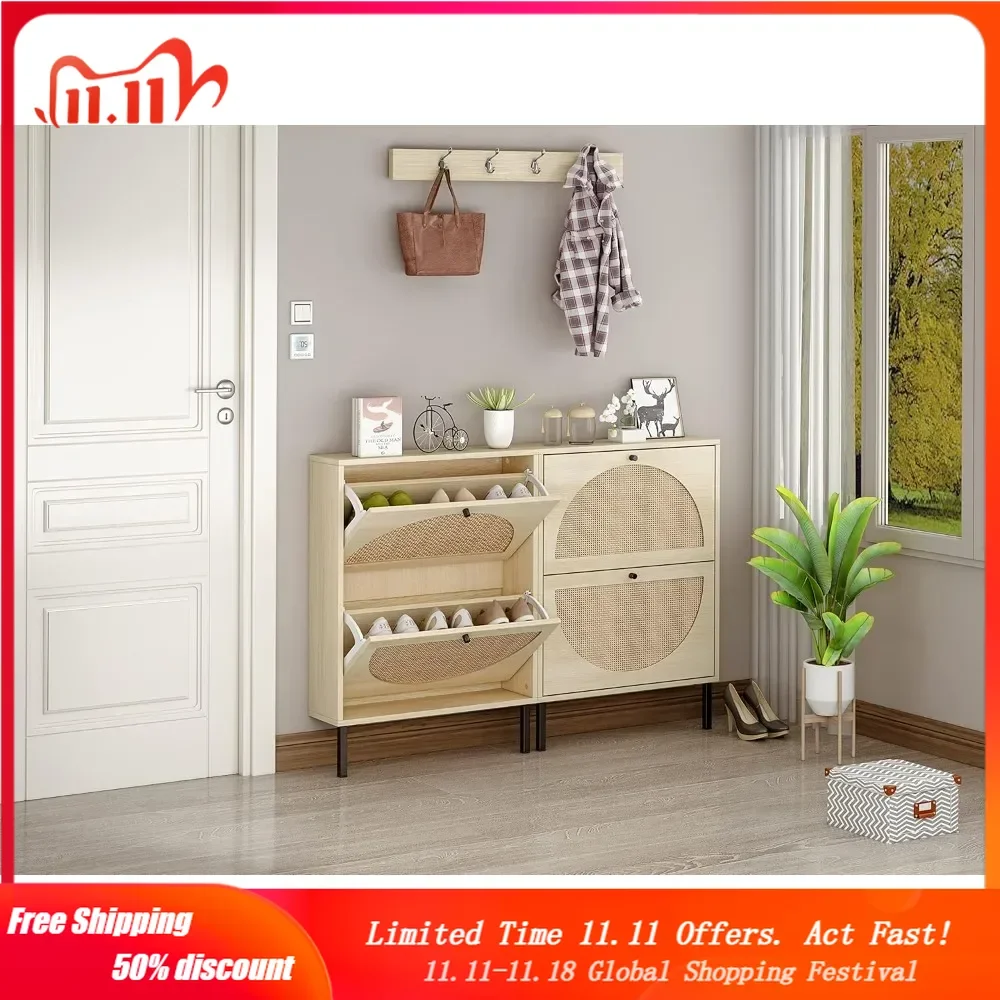 

Natural Rattan Shoe Cabinet with 2 Flip Drawers, Entrance Hallway Free Standing Shoe Racks with Metal Legs for Heels