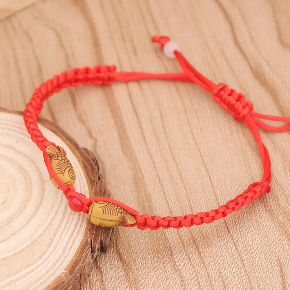 Feng Shui Red String Double Fish Lucky Wooden Twin Charm Bracelet Red Thread For Good Luck Wealth Handmade Chinese Jewelry