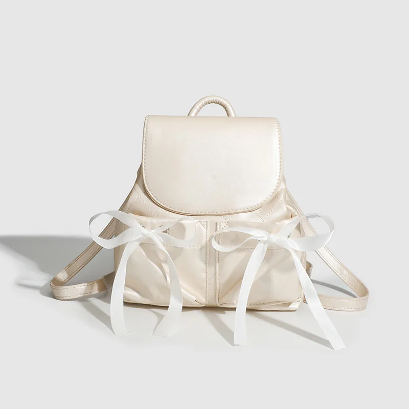 حقيبة ظهر نسائية من جلد البولي يوريثان، رياضات الباليه، لطيفة وحلوة، حقيبة ظهر بجيب على شكل فيونكة للنساء #3