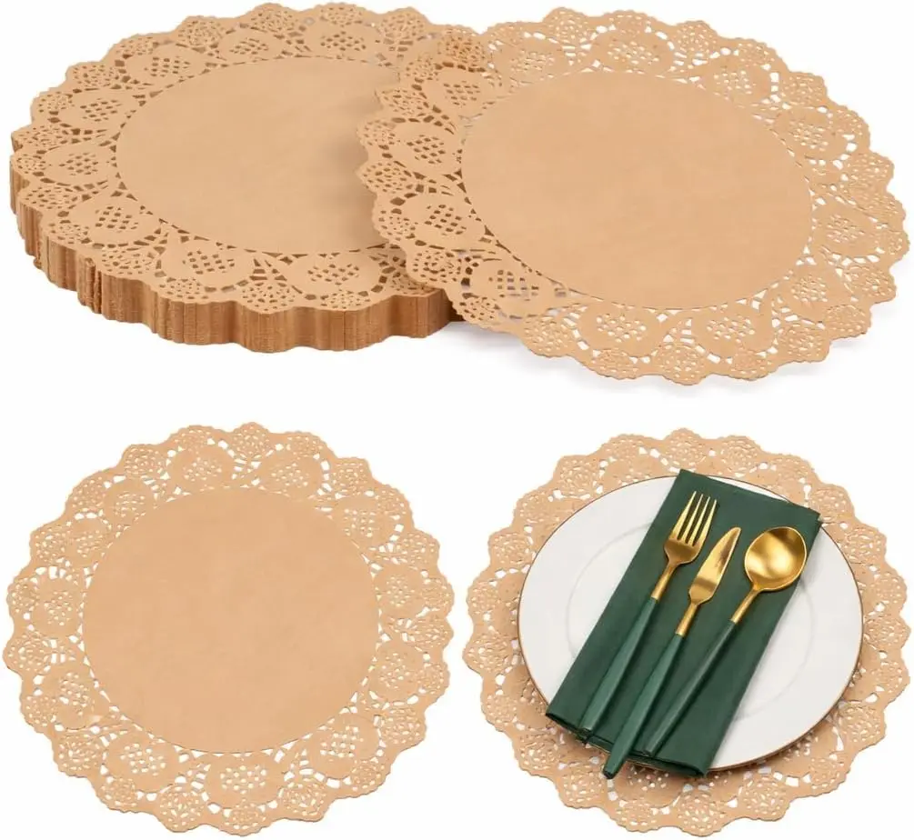 Manteles Individuales Redondos de Papel Marrón de 13.5 Pulgadas, Paquete de 100 - Desechables para Platos, Fiestas de Té y Decoración de Bodas
