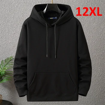 สีทึบHoodiesผู้ชาย 12XL 10XL PlusขนาดHoodiesฤดูใบไม้ร่วงฤดูหนาวหนาขนแกะHoodieชายขนาดใหญ่ 12XL Hooded Pulloverสีดํา