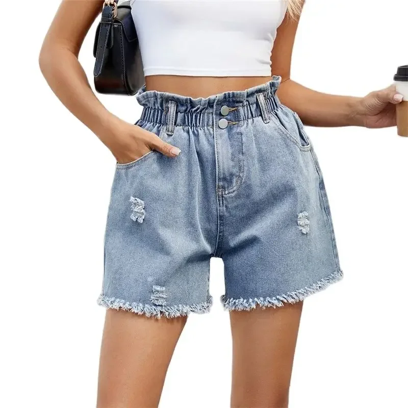 Women Stretch High Waist Two Buttons Splice Denim Shorts Broken Holes Half-body Dress Female Tassel Trouser Legs Mini Jeans 2024