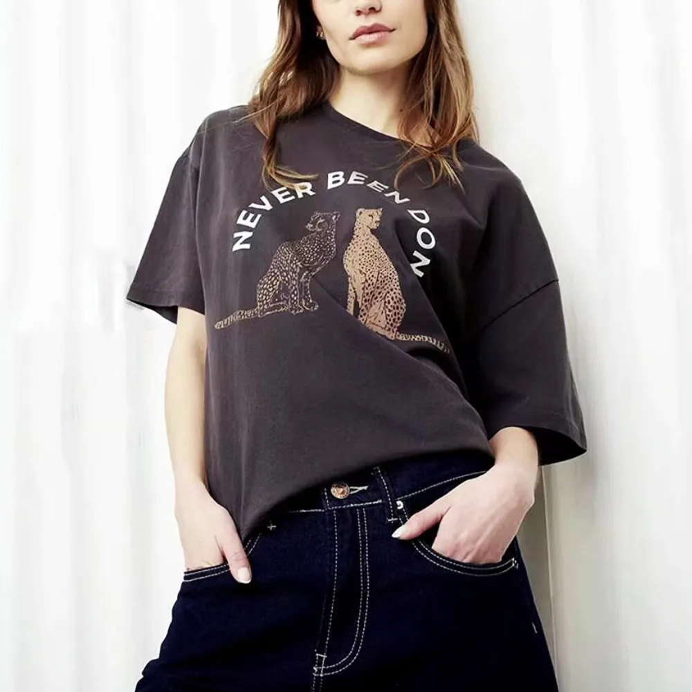 Never Been Done Leopard Printing Vintage Style T Shirts Female Loose Cotton Short Sleeve Tops Summer Dark Gray Casual Tees