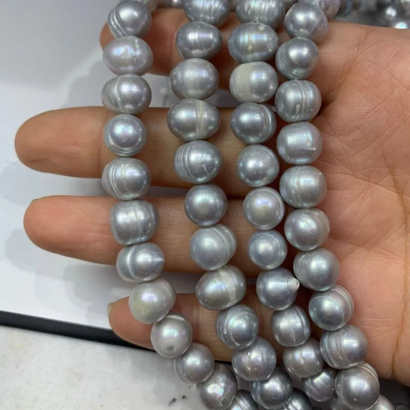 Grey 18“9-10mm Thread Punch Natural Pearl  Necklace
