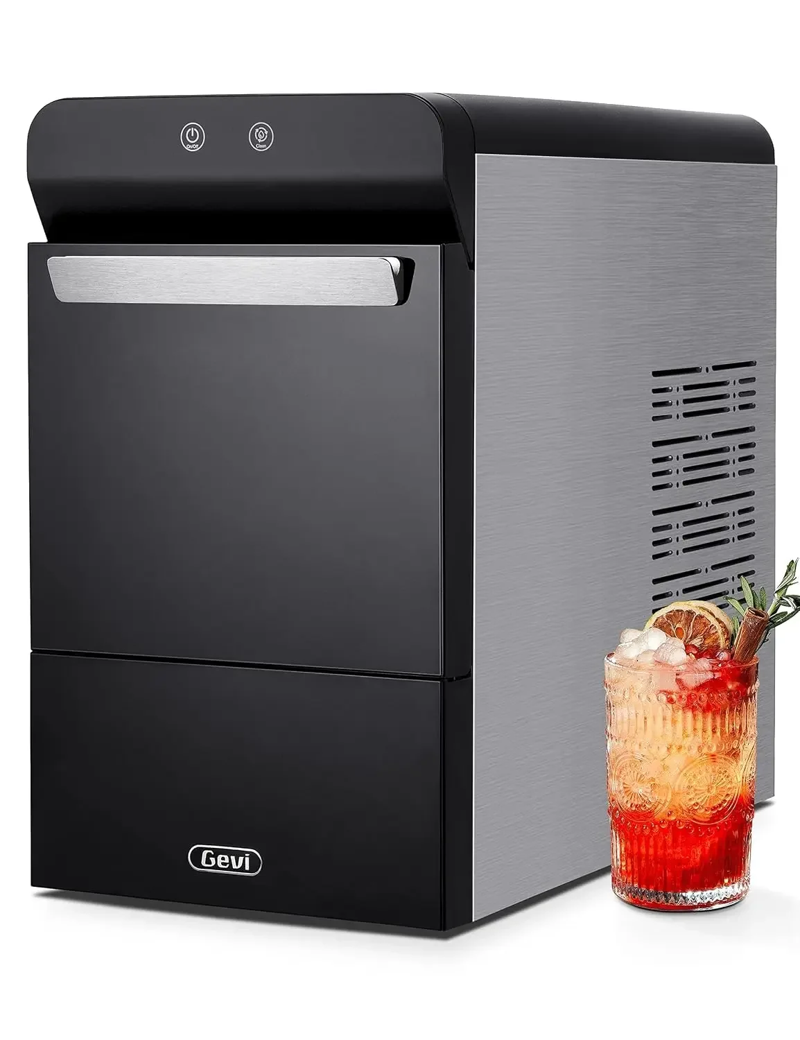 Gevi V2.0 Countertop Gemi Nugget Ice Maker | Self-Cleaning Pellet Ice Machine | Open and Pour Water Refill | Stainless Steel Housing | Fit Under Wall Cabinet | Black