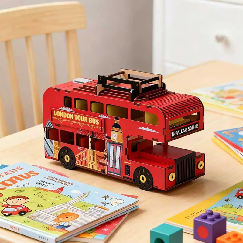 DIY Wooden 3D Puzzle London Double-Decker Bus Model, Colorful Spray-Paint Tour Bus Building Kit, Montessori Educational Toy