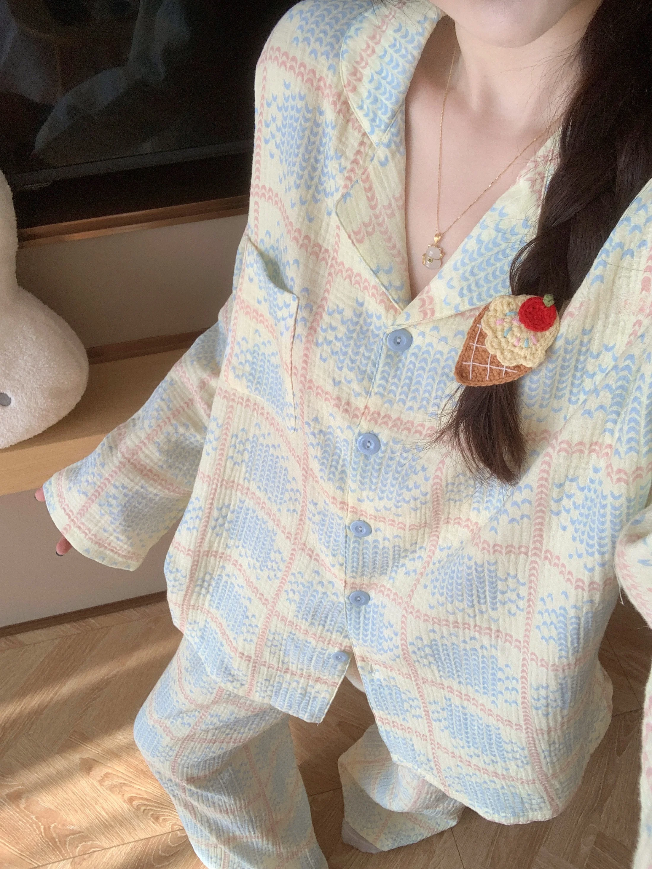

Spring Autumn Pure Cotton Double Layered Nightgown Women's Home Wear Sleepwear Comfortable Breathable Sweet Style Long Sleeve