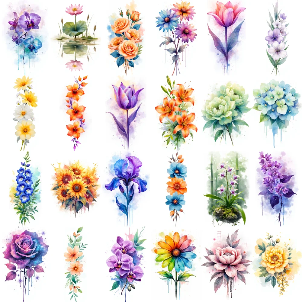 9pcs Temporary Tattoo Tulip Waterproof Long-lasting Body Stickers Lotus Violet Watercolor Rose For Shoulders Cheeks Chest