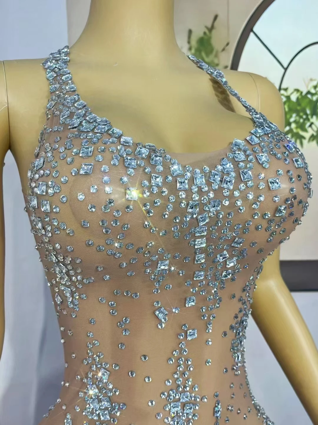 Sparkly Rhinestones High Split Mesh Dress Women Ballroom Prom Evening Celebrate Transparent Crystal Short Dress Dance Costume