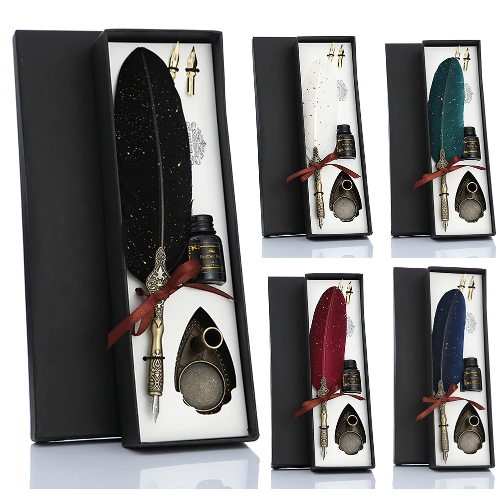 

Calligraphy Feather Dip Pen No Ink with 2 Nib Set Quill Fountain Writing Pens Classic Texture Portable Gifts Box