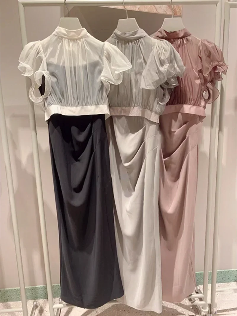 Kuzuwata Japanese 2024 Summer Conjunto Femenino Ruffled Perspective Top+pleated Slim Waist Strap Dress Womens Two Peice Sets