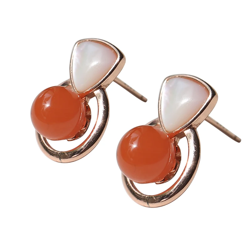 

Natural Nanhong agate ears 925 silver inlaid women's stud earrings festive and simple