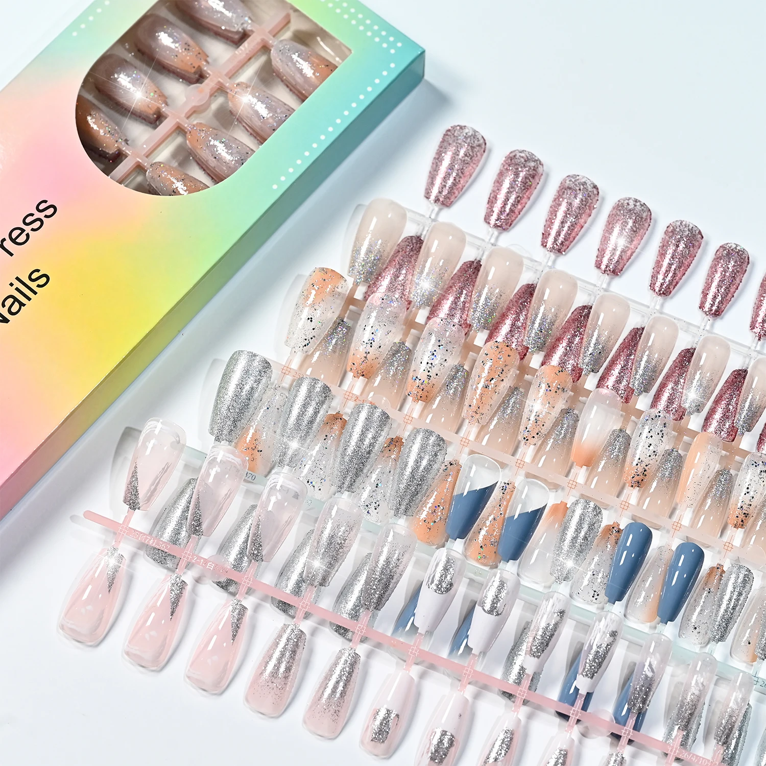 120Pcs Medium Coffin Silver Glitter Press On Nails 5Styles Nude Pink Blue Gold Rose French Tips Fake Nail for Daily Office Nail