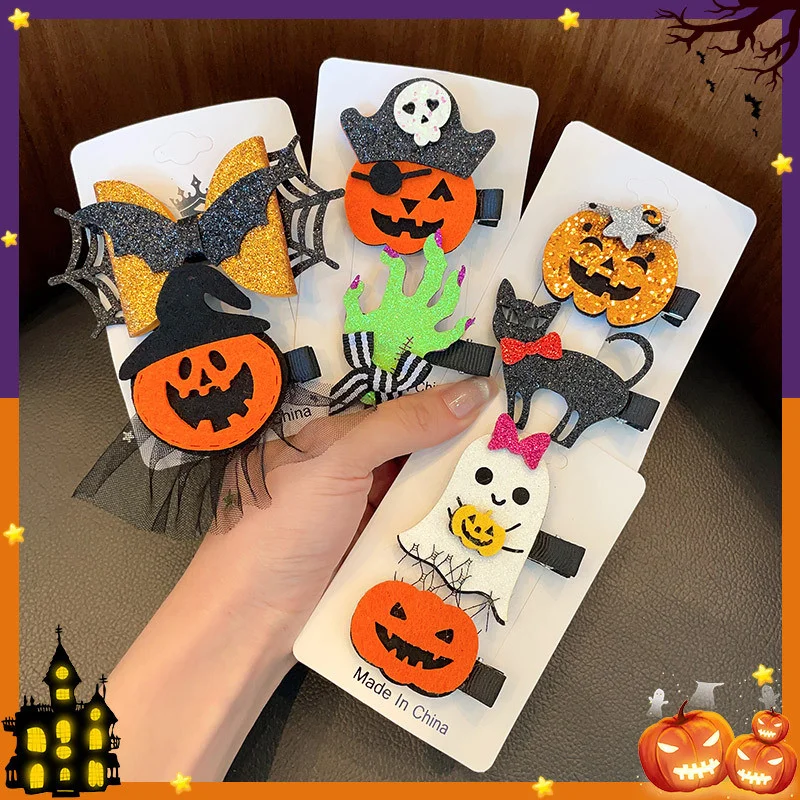 

2pcs/set Fun Halloween Mesh Hair Clip for Woman Pumpkin Spider Side Clip Halloween Decoration Cosplay Party Props Hair pin headd