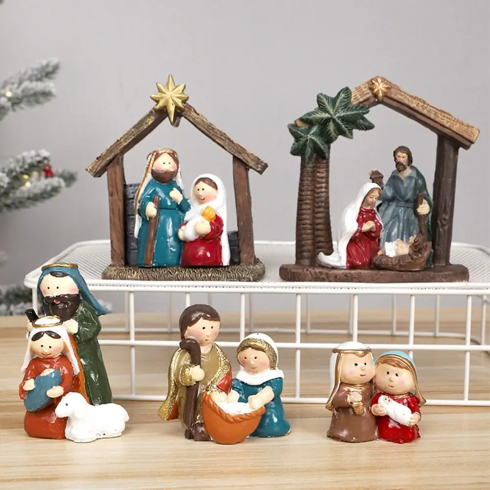 Thanksgiving Christmas Nativity Scene Figurine Virgin Mary Creative Table Decoration Jesus with Manger Resin Kids Gift Bookshelf