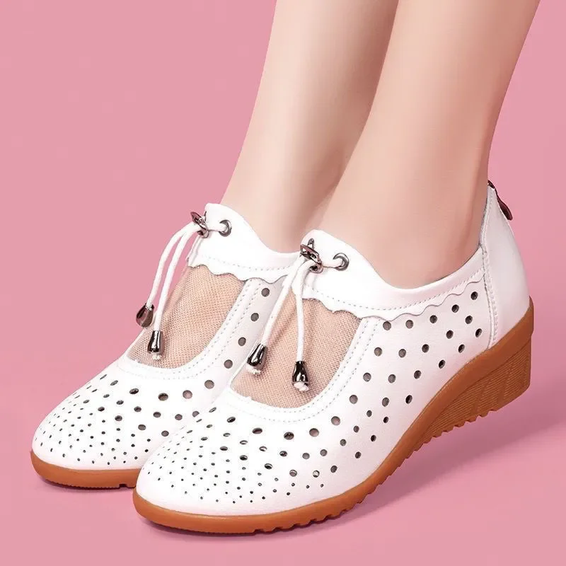 Cresfimix, calzado transpirable calado blanco ligero a la moda para mujer, calzado informal rojo cómodo para verano, zapatos de Tacón de Cuña ab568
