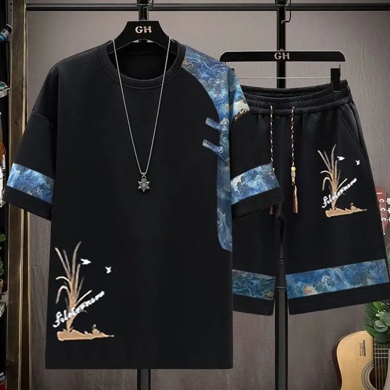 

Летний мужской комплект в китайском стиле: свободные шорты и футболка с коротким рукавом, модный национальный тренд