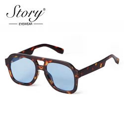 Vintage Schildpad Blauwe Vierkante Zonnebril Vrouwen Mannen Mode Dubbele Brug Oranje Lens Piloot Zonnebril Uv De Sol Mujer S3573