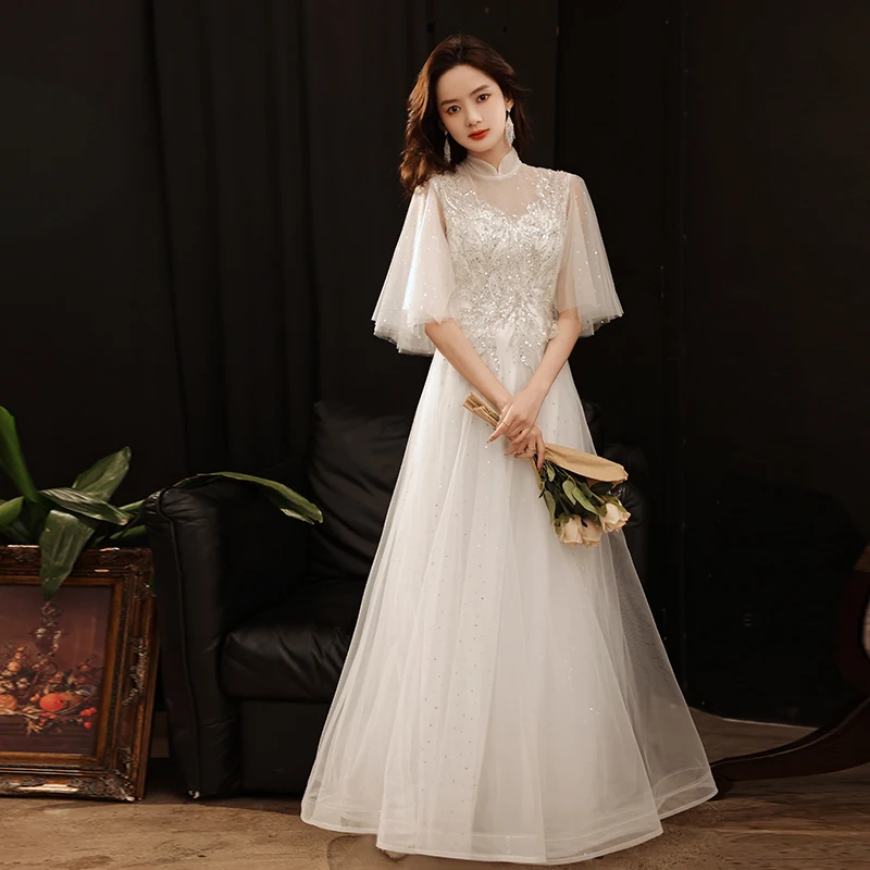 

Robe de soiree 2024 New Elegant Zipper long dress Elegant Evening Dress Formal Bride Wedding Banquet O Neck Prom Party Dress