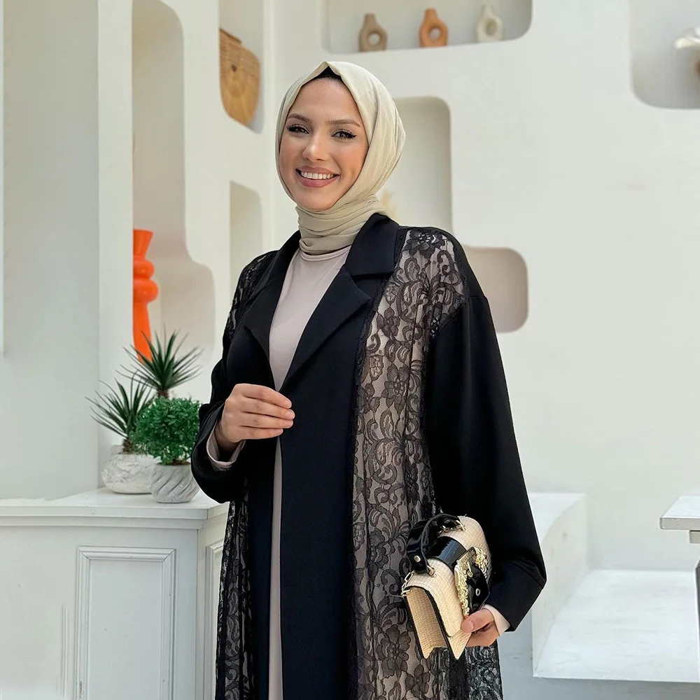 Moda damska kurtka z klapami luksusowe dubaj abaje muzułmańska sukienka odzież wierzchnia turcja Kaftan Kebaya islamska odzież koronkowe kimono