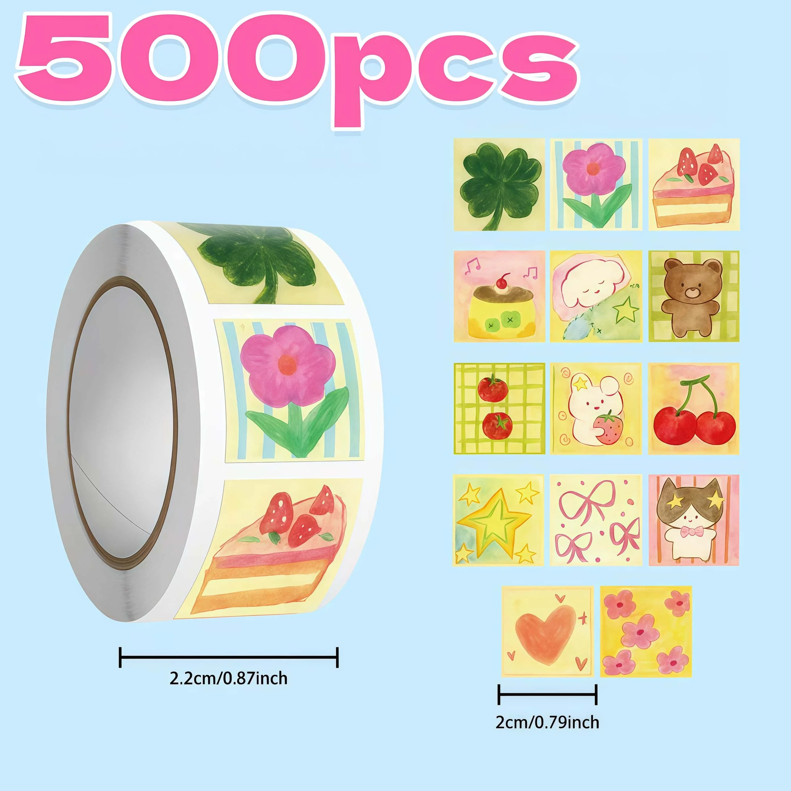 500Pcs Watercolor Style Roll Stickers, Cute Fruit Flower Bear Pattern Self-adhesive Labels for Packaging Journal DIY Decoration