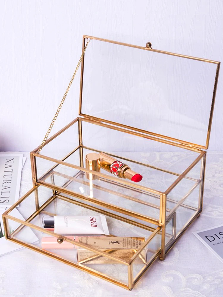 

European Sle Double Layer Design Jewelry Box Storage Organizer Transparent Vintage Display Case Glass Bronze Decorative Box
