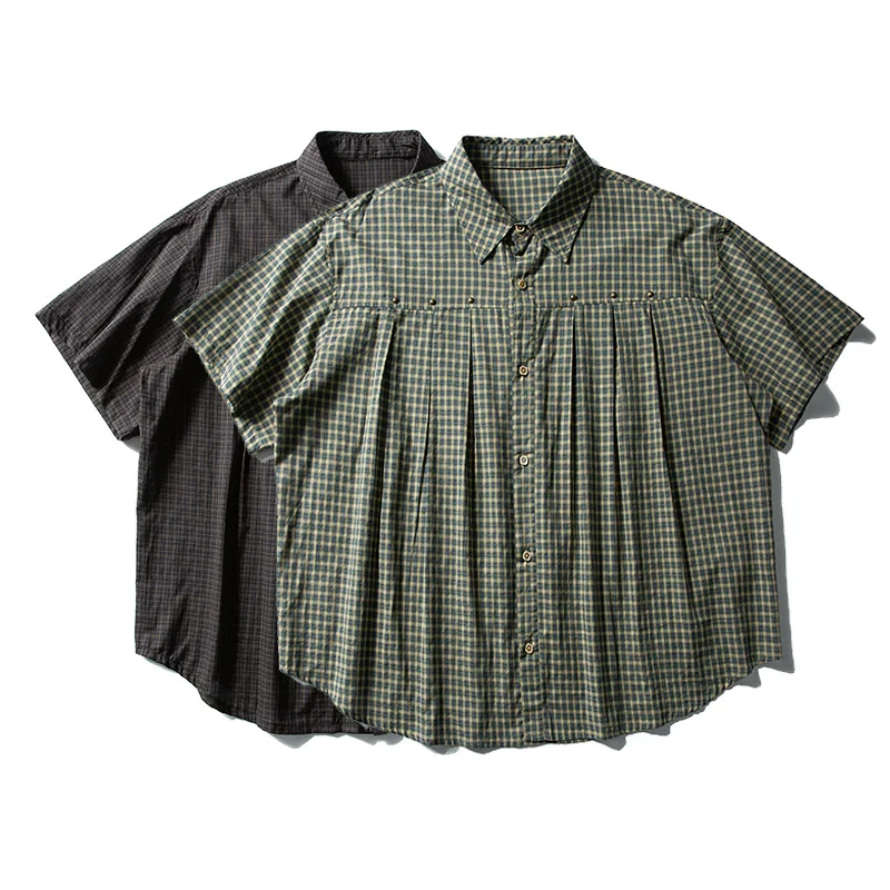 

Men Streetwear Fashion Cityboy Plaid Short Sleeve Loose Casual Oversize Shirt Women Vintage Pure Cotton Cargo Shirts Blouses
