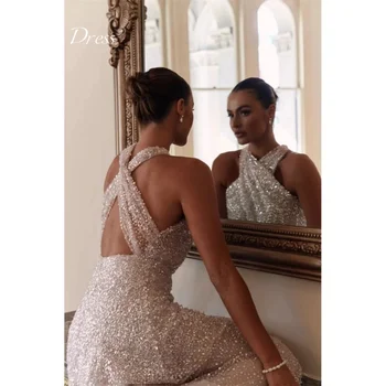 여성용 우아한 안나 드레스, 웨딩 파티 드레스, 우아한 럭셔리 샤이니 이브닝 가운, 피쉬 테일 홀터 넥, 민소매 백리스