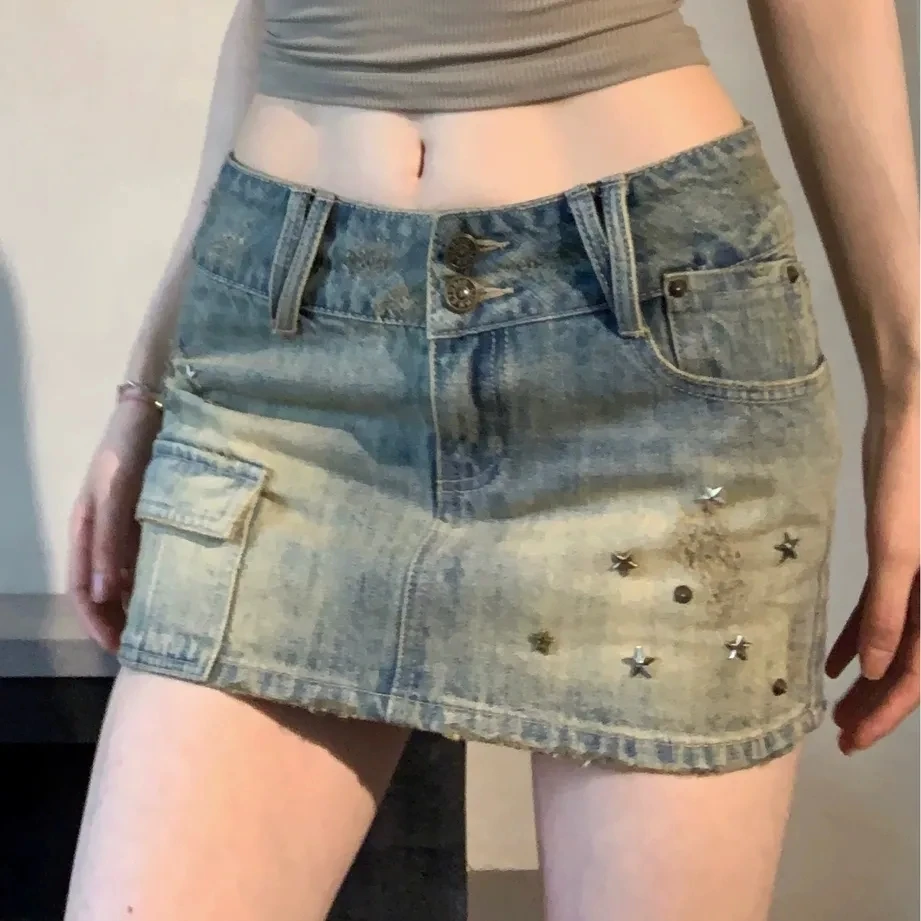 Retro Distressed Low Waisted A-Line Short Skirt for Women Summer Rivet Design Women's Half Skirt Washed Denim Skirt for Women